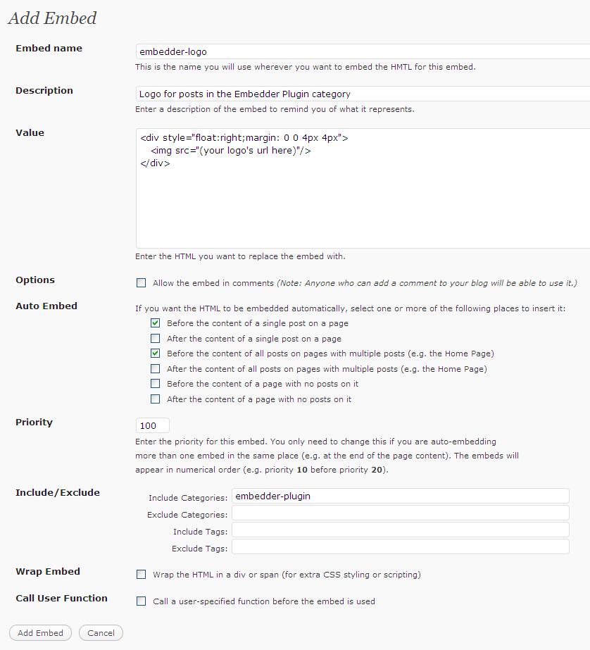 Screen shot of the completed Add Embed settings page